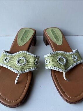 Montego Bay Club Womens Sandals Size 8.5 Green White Stitch Heeled Thong Slides